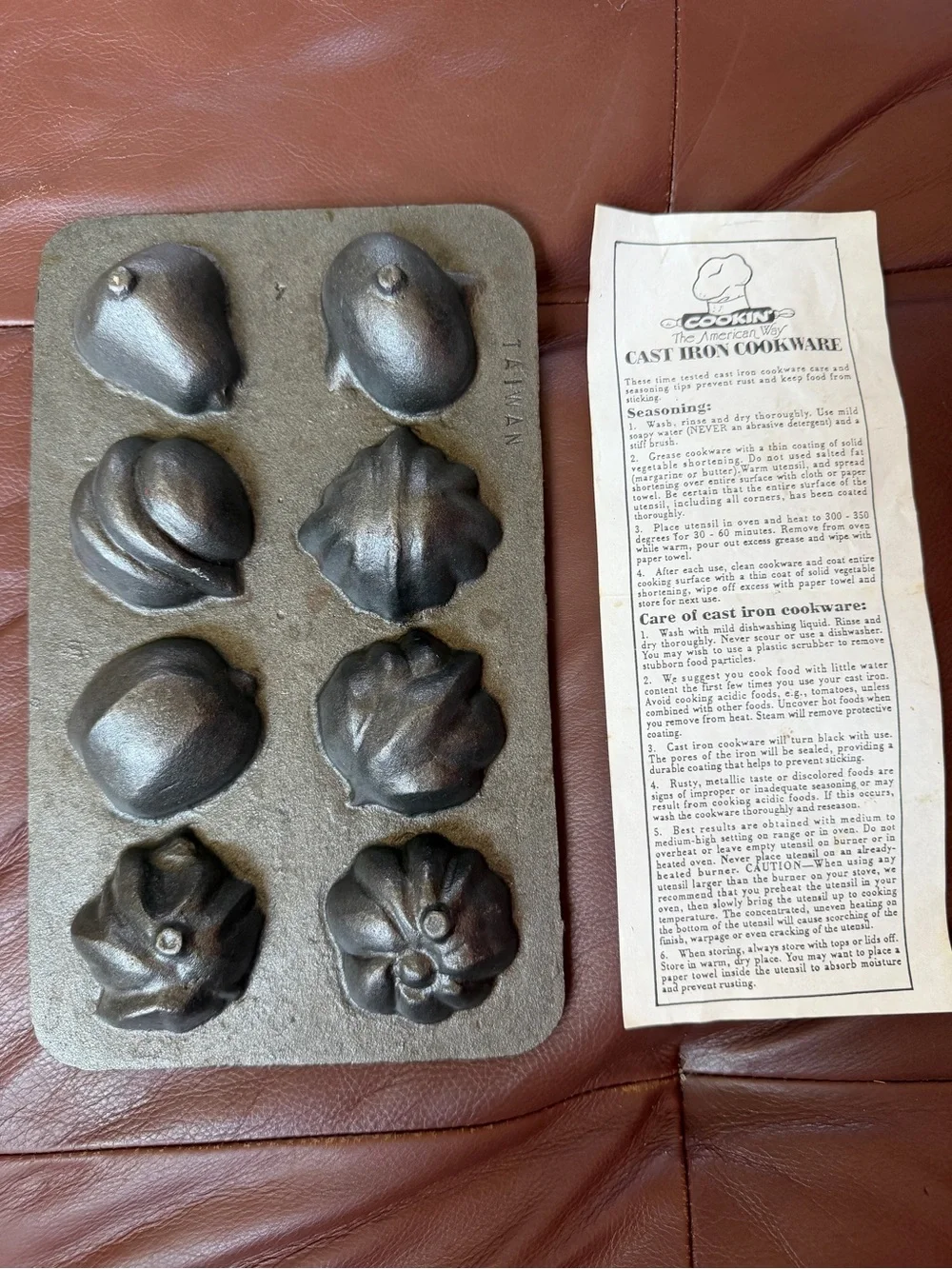 Vintage Cast Iron Muffin Cornbread Pan 8 Mold Vegetable Fruit Shapes Directions